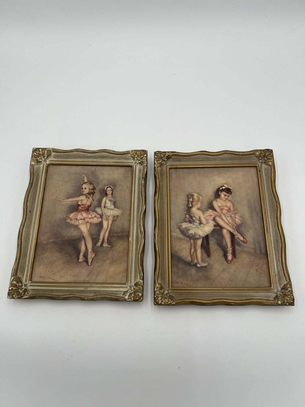 Vintage Ballerina Ballet Prints Set of 2 Ornate Gold Framed Wall Art 7.75x9